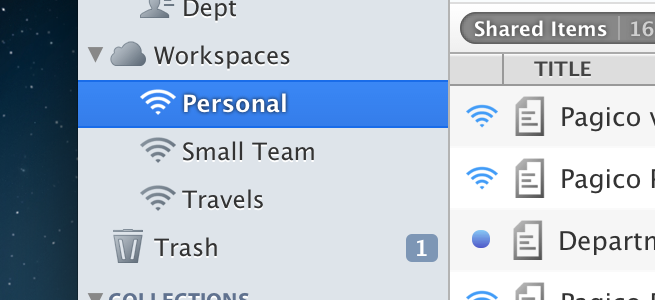 The improved Workspaces section, where you sync data with your devices (and/or team).