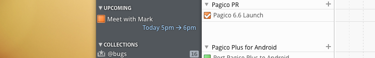 The Upcoming section in the sidebar of Pagico 6.6, 2