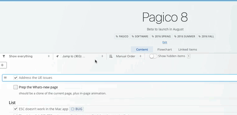 Pagico 8: In-container quick navigation
