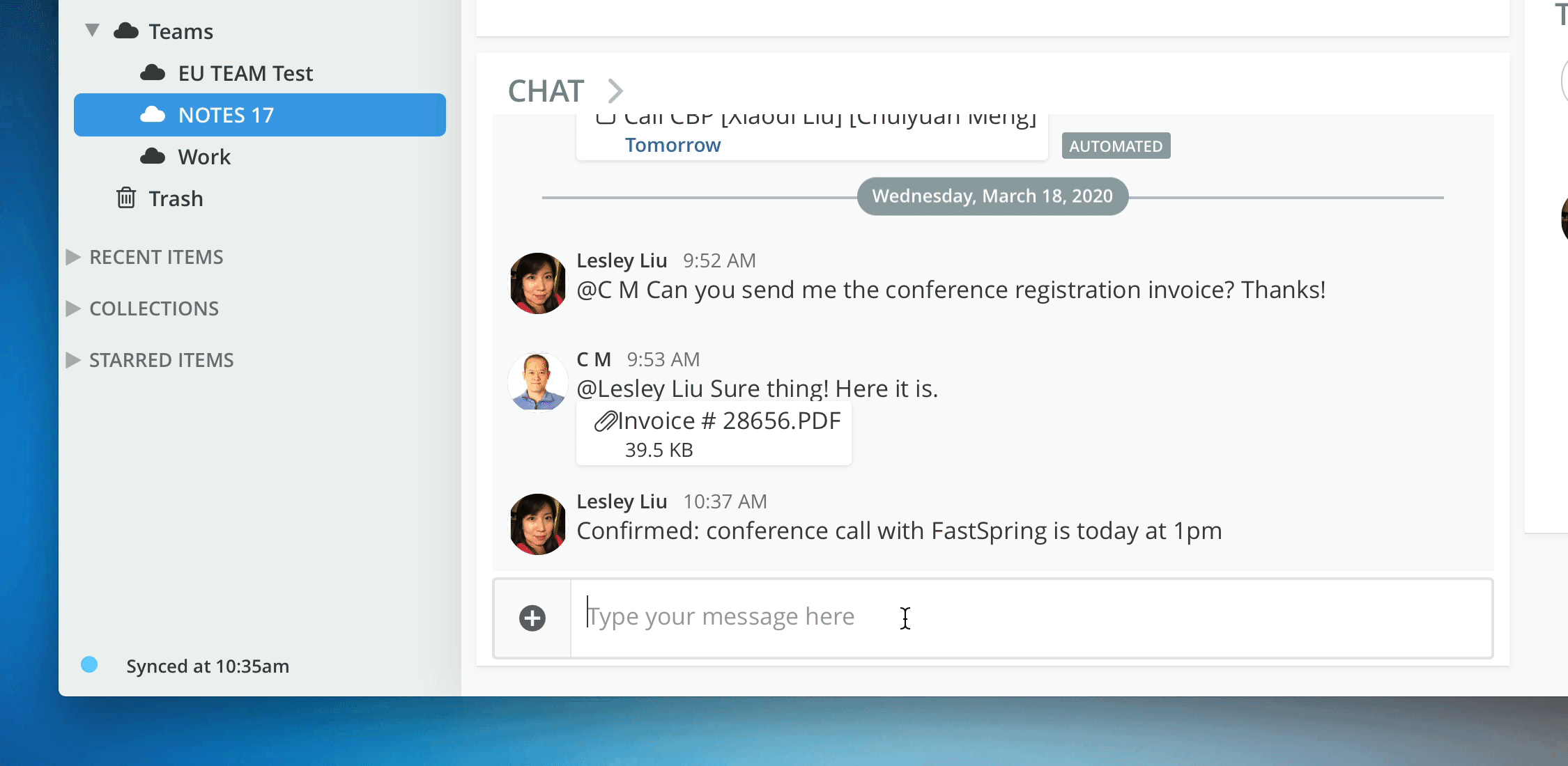 The new Team Chat feature in Pagico 9.2