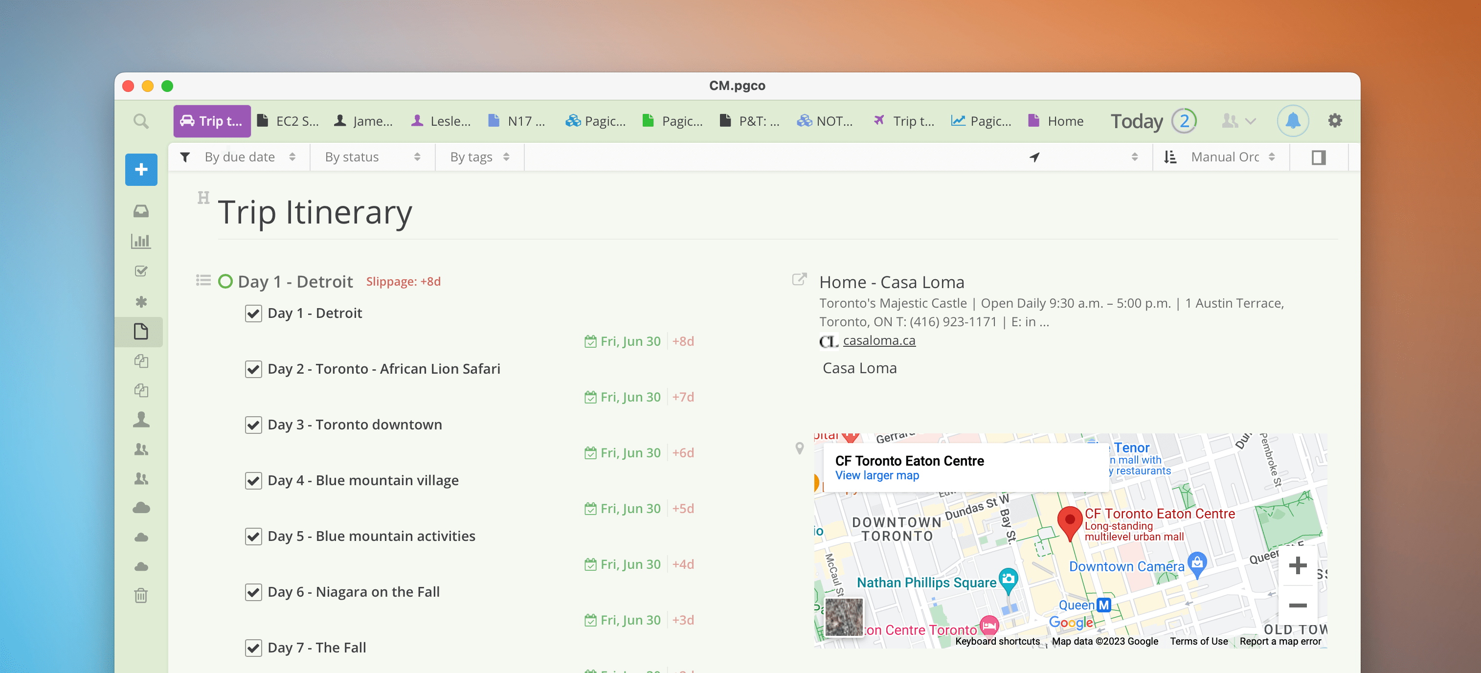 Manage tasks, notes, lists, maps, links, everything by projects and contacts